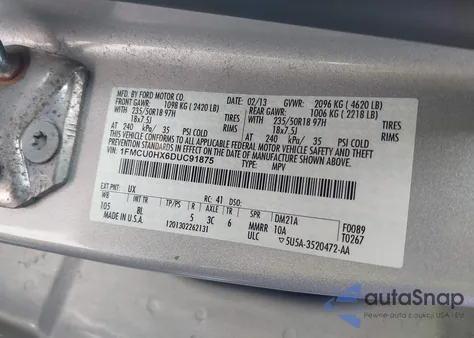 2013 Ford Escape Sel z USA, uszkodzony, nr VIN 1FMCU0HX6DUC91875